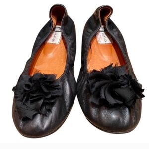 Lanvin Balerina Black Satin Ballet Silk Flats Rosette Bow Size 37 Designers New